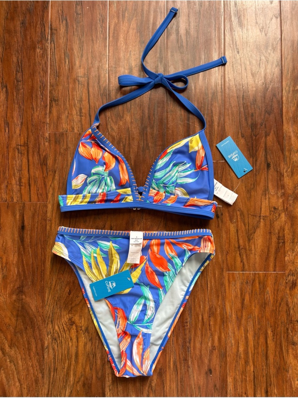 Cupshe Blue Tropical Triangle Bikini Set with Orange & Green Leaf Print - Picture 2 of 10
